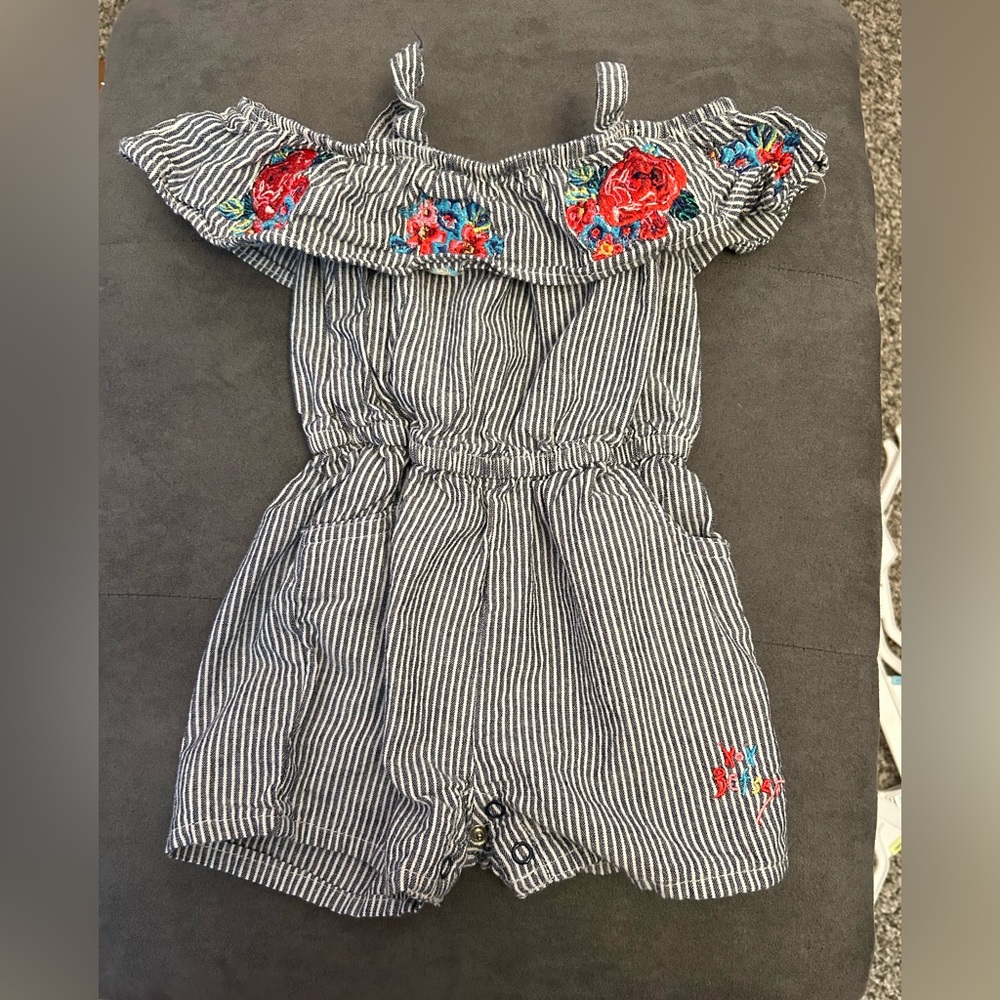 Striped Kids Romper with Floral Embroidery